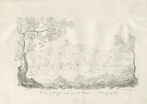 Castelo de Stafford - Vista Leste: desenho com caneta e sépia de John Robert Fernyhough