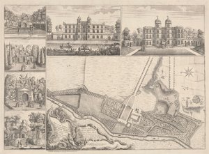 Um Plano dos Jardins e Vista dos Edifícios Ye do Honorável Henry Pelham, Esqr. em Echa, no condado de Ye, em Surrey de John Rocque