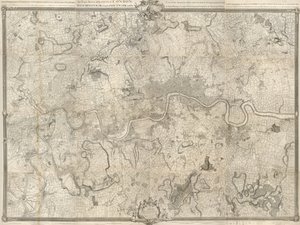 Um mapa do século 18 de Londres. Um levantamento exato da cidade de Londres, Westminster ye Borough of Southwark e do país perto de dez milhas ao redor começou em 1741 e terminou em 1745 / por John Rocque agrimensor e (gravado) por Richard Parr. de John Rocque