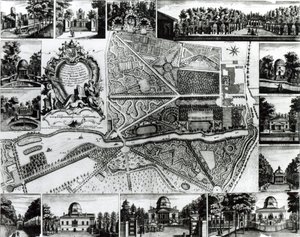 Plano do jardim e vista das casas em Chiswick no Tamisa de John Rocque