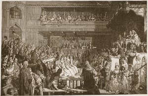 A absolvição dos Sete Bispos, 1688, ilustração de "A Igreja da Inglaterra: Uma História para o Povo" por HDM Spence-Jones, pub. c.1910 (foto sépia)