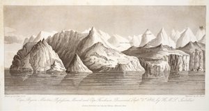 Cape Byam Martin, Monte Pofsefsion e Cabo Fanshawe, descoberto em 1º de setembro de 1818 pelo HMS Isabella, ilustração de &39;A Voyage of discovery ...&39;, 1819 de John Ross