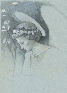 Estudo da Cabeça do Anjo Gabriel em "O Anjo Anunciador" de Filippo Lippi, 28 de Junho de 1870 (grafite, aguarela e corpinho sobre papel tecido azul) de John Ruskin