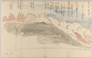 A cordilheira do Monte Branco vista de perto de Chamonix (recto); Esboços da cordilheira do Monte Branco a partir da Tapia acima de Chamonix, vista de Genebra e da Dôle (verso) de John Ruskin