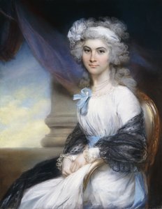 Retrato de Miss Sophia Vansittart, de três quartos, usando um vestido branco com uma fita branca sobre os cabelos em pó e um xale preto sobre os ombros, sentado ao lado de uma coluna clássica, de John Russell