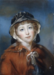 Retrato de uma menina, comprimento do busto, em um cabo vermelho amarrado com um arco e um gorro preto, de John Russell