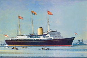 Britannia, casa flutuante da Rainha Isabel II e do Príncipe Filipe (litografia a cores)