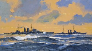 Os cruzadores britânicos HMS Exeter e HMS York (guache sobre papel) de John S. Smith