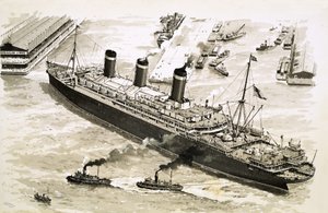 O navio a vapor Leviathan é empurrado para um cais no porto de Nova Iorque por rebocadores de John S. Smith