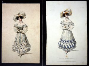 Desenho e impressão de uma placa de moda, c.1829 (lápis e aguarela sobre papel e gravura de cor à mão)