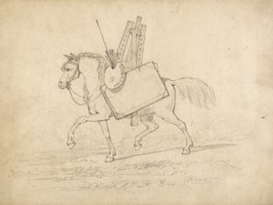 Um cavalo carregado com parafernália de artista, caminhando para a esquerda (grafite no papel)