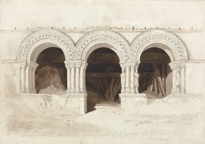 Arcos no lado oeste do Claustro de St. Georges de Boscherville, perto de Rouen, Normandia, c.1818 (grafite, lavagem marrom e caneta e tinta no papel no cartão) (ver 172543) de John Sell Cotman
