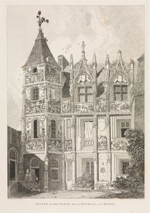 Antiguidades arquitetônicas da Normandia (Vol. II), Pl. 64: Casa na Place de la Pucelle, em Rouen de John Sell Cotman
