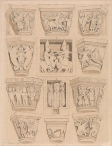Capitais e baixos-relevos A e B na Igreja da Abadia de Saint Georges de Bocherville, perto de Rouen, Normandia de John Sell Cotman