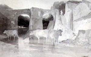 Gado em um rio (caneta e tinta e lavagem) sobre papel de John Sell Cotman