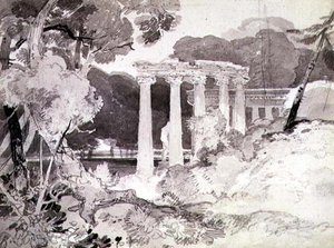 No.1539 Classical Colonnade in a Woody Landscape (lápis e tinteiro indiano lavado em papel) de John Sell Cotman