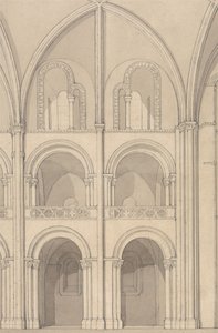 Elevação em perspetiva de parte da igreja abacial de Santo Estêvão em Caen, Normandia de John Sell Cotman