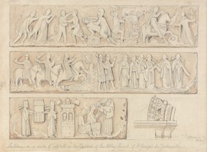 Escultura sobre um conjunto de capitéis nos claustros da igreja da abadia de Saint Georges de Bocherville, perto de Rouen, Normandia de John Sell Cotman