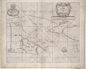 Mapa de Bombaim e Sallset de Samuel Thornton, hidrógrafo da Companhia das Índias Orientais, publicado pela primeira vez por volta de 1685