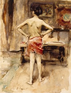 The Model, 1876 (wc sobre lápis de grafite em papel tecido) de John Singer Sargent