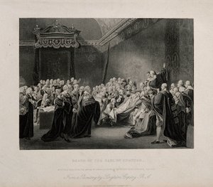 A morte de William Pitt, Lord Chatham, na Câmara Alta do Palácio de Westminster, em 1778. Gravura inspirada numa obra de J. Copley, de 1779. de John Singleton Copley