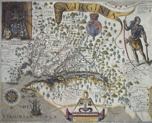 Mapa da Virgínia: Inset (canto superior esquerdo) mostrando o interior da cabana do chefe indiano Powathan, por John Smith (1580-1631) de John Smith