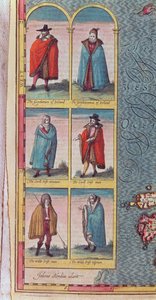 "Tipos" irlandeses, detalhe do reino de Ireland, gravado por Jodocus Hondius (1563-1612), do "teatro do império de Grâ Bretanha", bar. por John Sudbury e George Humble, 1610 de John Speed