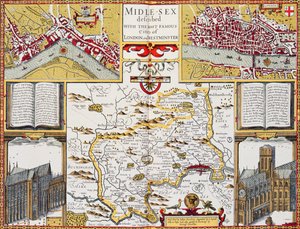 Midle-sexo descrito com as cidades mais famosas de Londres e Westminster, de Speed &39;Theatre of the Empire of Britain&39;, 1611-12 (gravura de cobre colorido à mão)