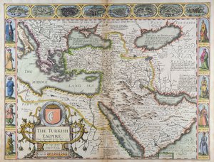 O Império Turco, de "Uma Perspectiva das Partes Mais Famosas do Mundo", impresso por John Dawson para George Humble, 1627 (gravura colorida à mão)