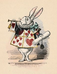 Um coelho como oficial da corte tocando uma trombeta para um anúncio, 1889 de John Tenniel