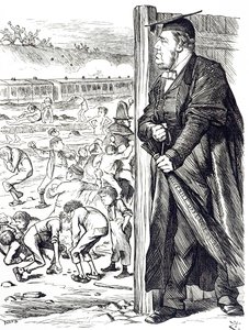 Um desenho animado representando William Vernon Harcourt (1827-1904) que quando o Ministro do Interior recomendou a introdução da bétula em vez da detenção para delinquentes juvenis. Ilustrado por John Tenniel (1820-1914), um ilustrador inglês, humorista g de John Tenniel