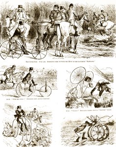 Um desenho animado representando um homem caçando em um triciclo. Ilustrado por John Tenniel (1820-1914) um ilustrador inglês, humorista gráfico e caricaturista político. de John Tenniel
