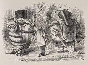 Alice a vestir o Tweedledee e o Tweedledum. de John Tenniel