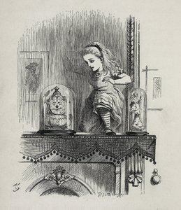 Alice atravessando o espelho - Em "As aventuras de Alice no País das Maravilhas e através do espelho" de Lewis Carroll, ilustração de John Tenniel (1820-1914) de John Tenniel
