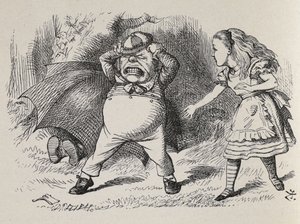 Alice com Tweedledum zangado e Tweedledee escondido. de John Tenniel