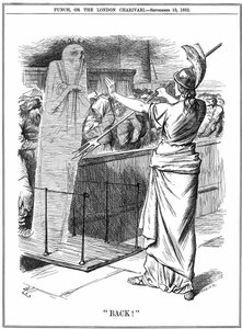 Britannia a conter a cólera nos portos britânicos. No surto de 1892 cerca de 260.000 morreram na Rússia e 7.600 em Hamburgo. A epidemia foi evitada na Grã-Bretanha. John Tenniel cartoon de Punch London, 10 de Setembro de 1892. de John Tenniel
