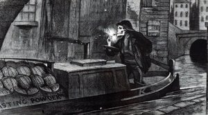 A campanha de John Tenniel sugerindo que o Parlamento deveria trazer regulamentos de segurança para o manuseio e transporte de explosivos após a destruição de uma barcaça carregando pólvora no Canal do Regente, em Londres. Ilustrado por John Tenniel (1820- de John Tenniel