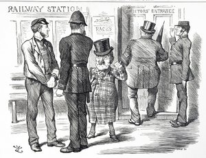 Comentário cartoon sobre os pedidos para que um sinal de sistema de bloqueio seja obrigatório nos caminhos-de-ferro britânicos de John Tenniel