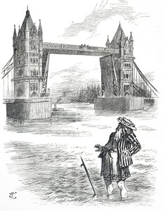 Desenho animado retratando o Padre Thames admirando a Ponte da Torre, Londres de John Tenniel