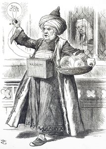 Desenho animado representando William Ewart Gladstone como Aladdin de John Tenniel