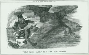 Efeitos da queima do Old King Coal em Londres. O nevoeiro causou asma, bronquite, pneumonia, pleurisia, etc. Desenho animado de John Tenniel de Punch, Londres de John Tenniel