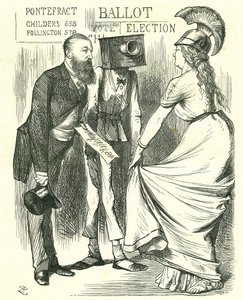 Hugh Childers (1827-1896) parlamentar britânico, falando à Britannia sobre o sucesso da nova urna de voto. John Tenniel cartoon de 