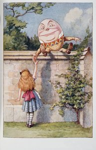 Humpty Dumpty, de Alices Adventures In Wonderland e através do espelho e que Alice encontrou lá, por Lewis Carroll (1832 - 98), publicado em 1911 (litografia colorida)