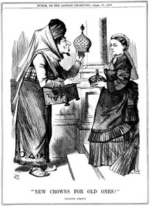 Novas coroas para os idosos !, Benjamin Disraeli oferecendo a coroa da Índia à rainha Vitória, 1876 de John Tenniel