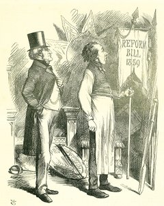 Economia Política: Reforma do Parlamento - extensão da franquia. Disraeli (chanceler) e Derby (primeiro-ministro) a limpar o pó da Lei da Reforma. Em 1867 Disraeli apresentou um novo projeto de lei. Desenho animado de John Tenniel de Punch, Londres de John Tenniel
