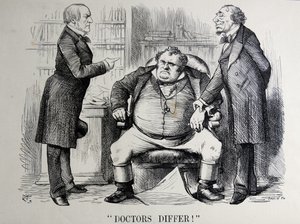 Sátira política retratando William Ewart Gladstone, Benjamin Disraeli e John Bull de John Tenniel