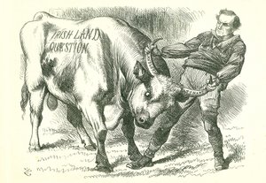 Levando o Touro (Irlandês) pelos Chifres: Projecto de lei aprovado pelo Parlamento a 15 de Fevereiro de 1870 e recebeu o consentimento real a 8 de Julho. William Gladstone, primeiro-ministro, tratando do assunto. John Tenniel cartoon de Punch, Londres, 26  de John Tenniel