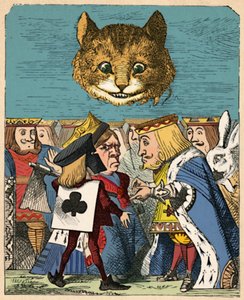O gato de Cheshire olhando para o rei e a rainha vermelhos discutindo em 1889 de John Tenniel