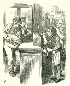 O Rapaz do Pote Honesto: Reforma do Parlamento - extensão da franquia. Disraeli servindo a Reforma a John Bull observado pela sua oposição parlamentar. Ele apresentou e levou a sua Lei da Reforma. Tenniel cartoon de Punch, Londres de John Tenniel