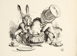 O Chapeleiro Maluco e a Lebre de Março colocam o Dormouse no Bule, de Alices Adventures in Wonderland, de Lewis Carroll (1832 - 98), pub. 1891 de John Tenniel